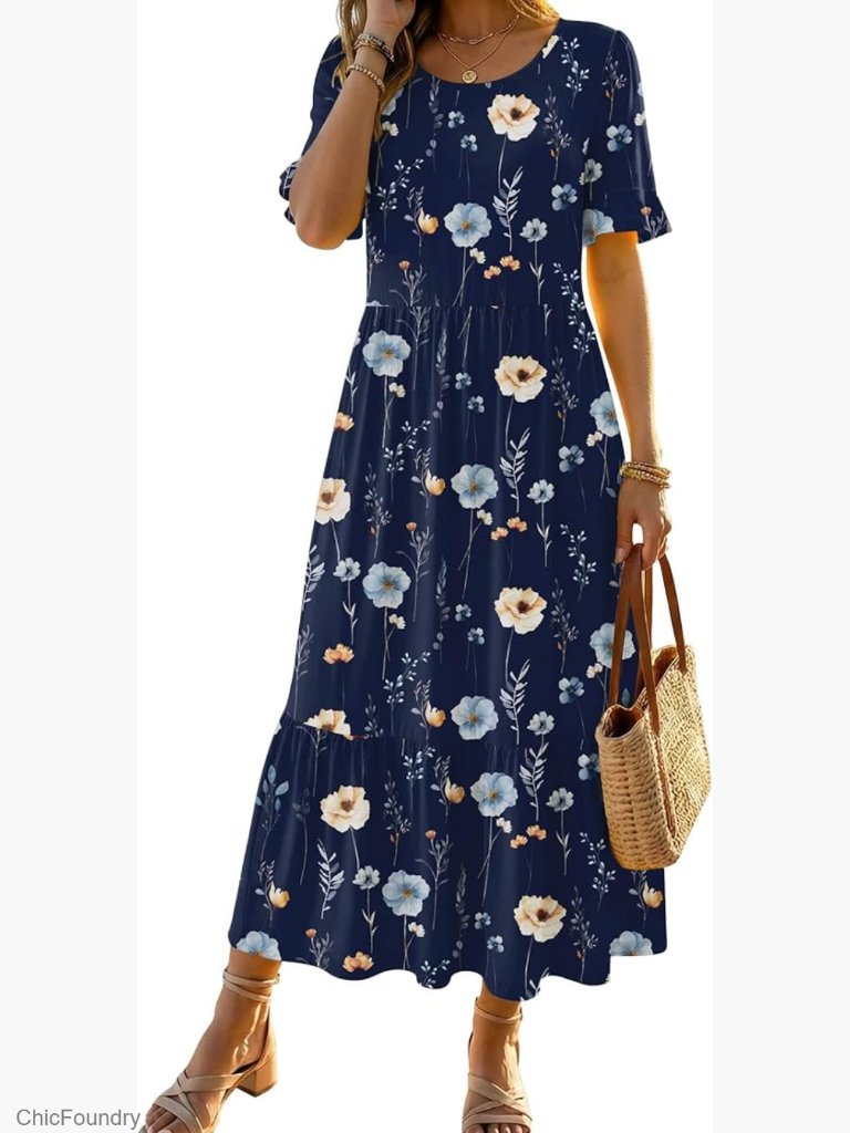 Midi Summer Dress With Ruffle Sleeves, A-Line Boho Style, Casual Wear